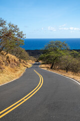 road to the sea , east coast Maui , Hawaii  ,  landscape, travel, empty, nature, way, transportation, route, drive, mountain, country, curve, line, rural, 