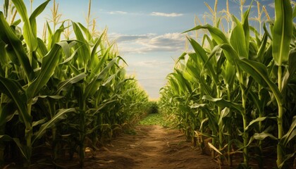 A dirt path through a cornfield on a sunny day.