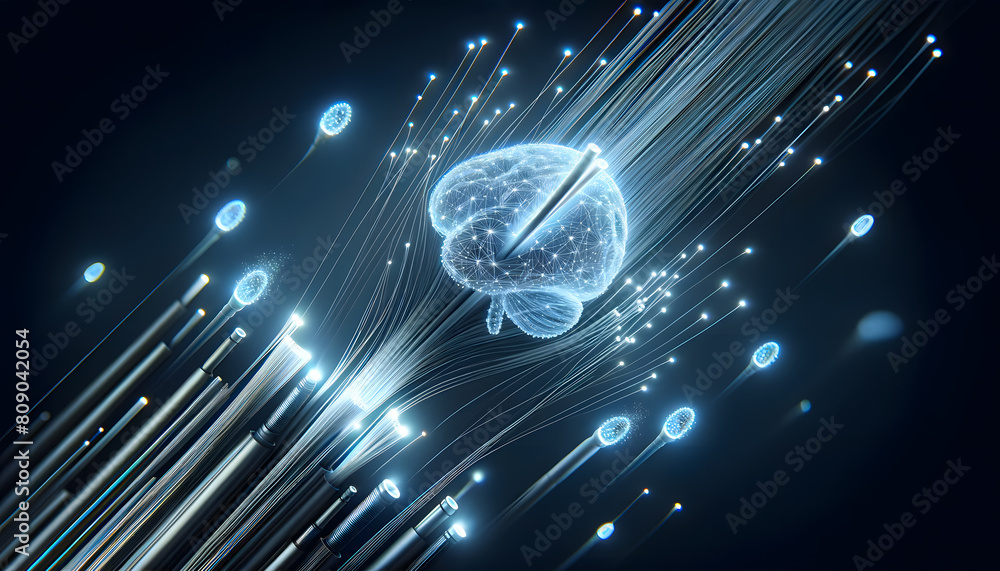 Poster showcasing advanced fiber optic cables with dynamic glowing light patterns, depicted in a detailed a