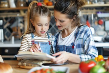 Mother and daughter in the kitchen read