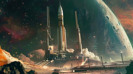 Behold the majesty of a space launch facility, where rockets stand tall against the backdrop of the cosmos, poised to carry humanity's aspirations to new frontiers of exploration and discovery.
