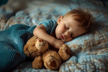 Photo of baby boy sleeping together with teddy bear