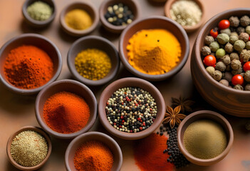 A collection of Indian spices in clay bowls