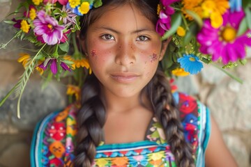 Portrait of a beautiful indigenous girl with flowers