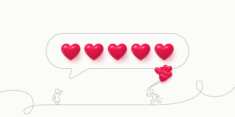 Social media 3d hearts icons. Five hearts review rate banner. Feedback with human characters. Love postcard for Happy Valentine's Day. Man running with balloons. 5 hearts feedback banner. Vector