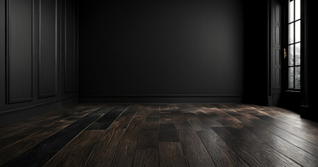 dark matte black room with dim light and wooden flooring. 3d rendering showcase for product...