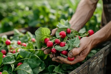 Farmers hands holding fresh radishwith fresh vegetables