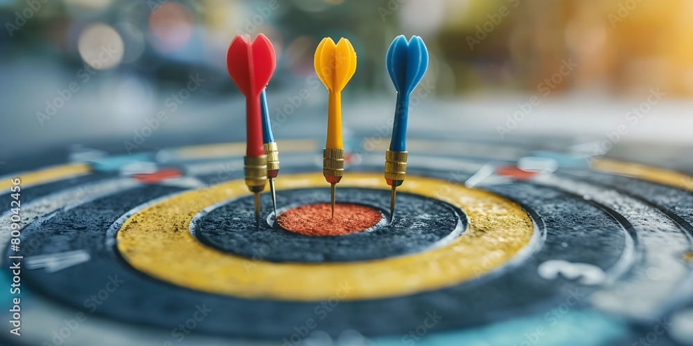 Poster dart bullseye on a colorful dartboard representing goal setting and achieving success