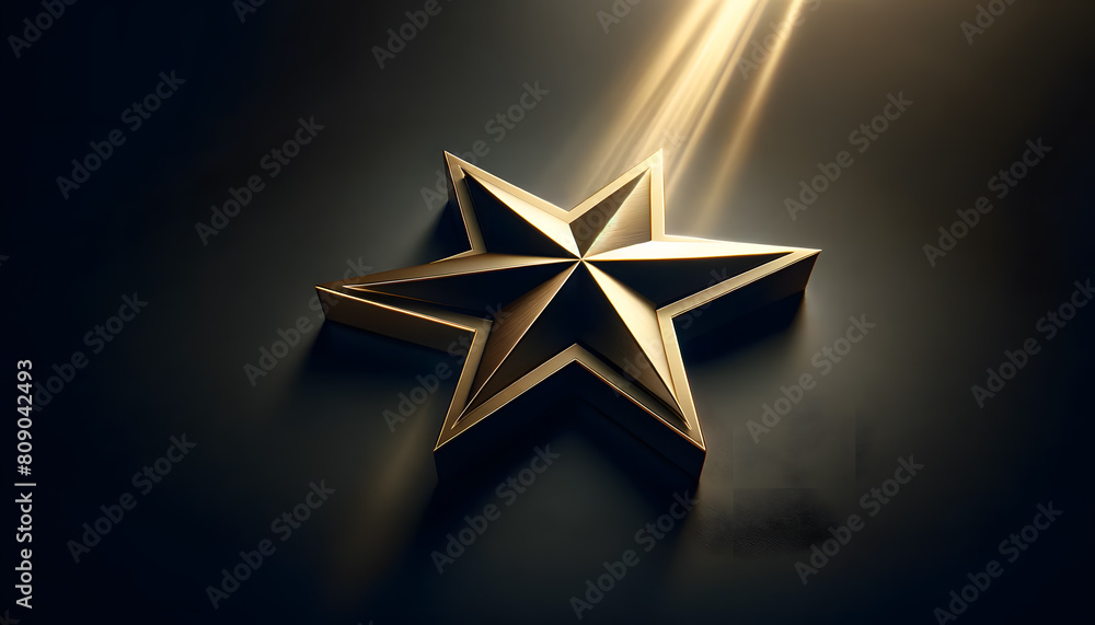 Poster a sleek golden star emblem with a dynamic, angular design, prominently displayed against a dark, gradient background subtly illuminated by soft light rays, creating an elegant and modern look.