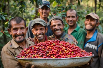 Group of happy farmers showing their freshly harvested coffee