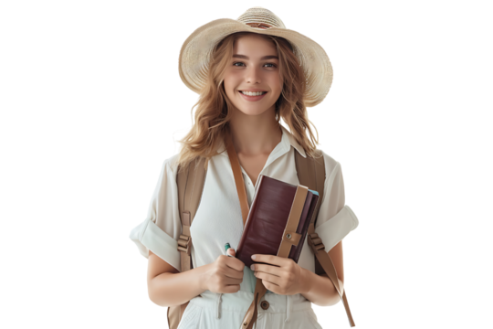 Smiling woman in white outfit holding foreign passport with tickets on isolated transparent background
