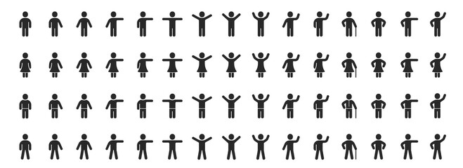 People body icons set. Man and woman in different poses. Leader person, user profile symbol. Full body woman character, grandma or grandpa with cane stick. Silhouettes of people. Vector illustration