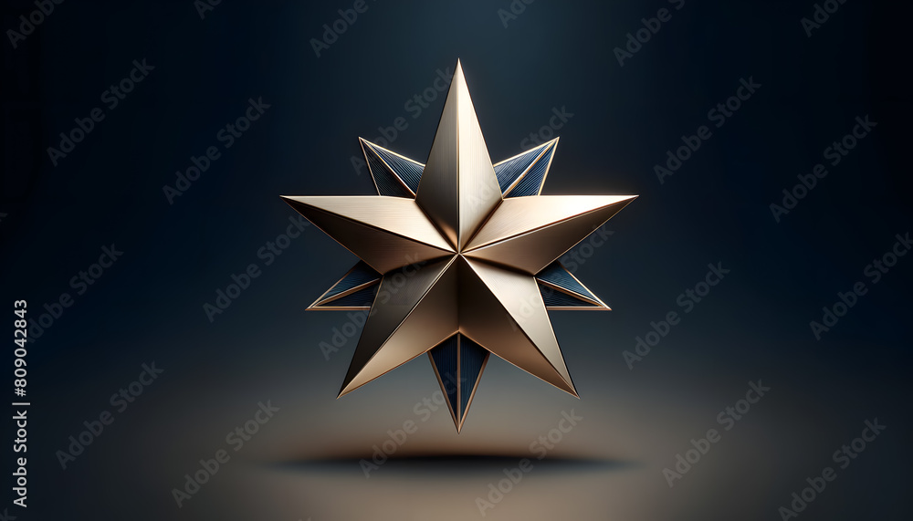 Poster a sleek golden star emblem with a dynamic, angular design, prominently displayed against a dark, gra