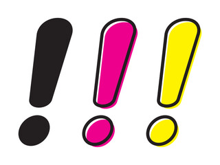 Exclamation mark icon. Pink or yellow filled and black line symbol.