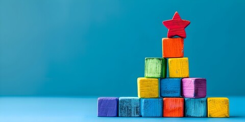 Colorful Wooden Building Blocks Stacked as Pyramid Symbolizing Goal Achievement and Success