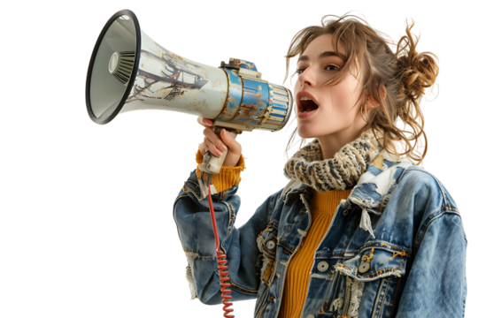 Young woman screaming in a megaphone on isolated transparent background
