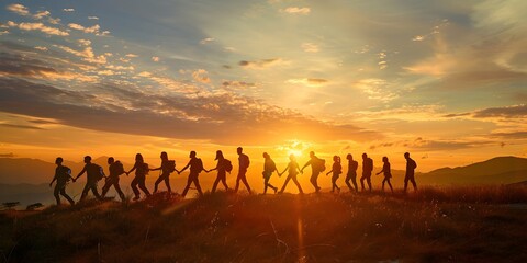 Silhouetted Figures Embarking on a Leadership Retreat in the Stunning Mountainous Landscape at Sunrise
