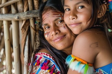 Portrait of indigenous mother and daughter looking
