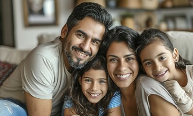 Fototapeta premium Portrait of Latin Family. Dad mom and two children