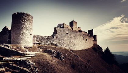 Fototapeta premium castle ruins, featuring the rugged beauty of crumbling walls and moss-covered stones Old fort for use in war rescue background
