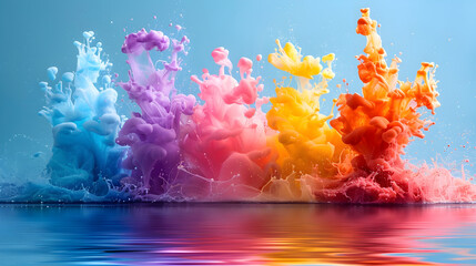 Vibrant Color Ink Explosion on Blue Background Creating Rainbow Reflection in Water