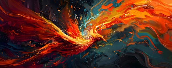 Fiery Rebirth of the Phoenix Dynamic Abstract Digital Painting with Sweeping Brushstrokes