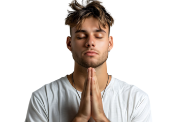 Serious man with closed eyes showing praying gesture on isolated transparent background