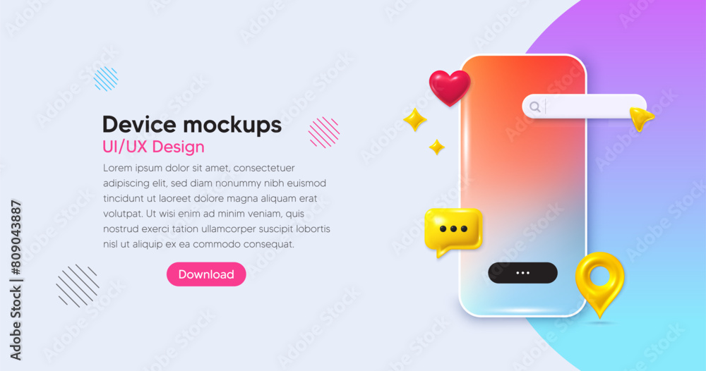 Aufkleber mobile phone social media banner. search bar app interface template. phone 3d mockup with chat speec