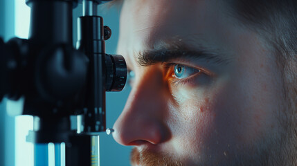 Face close-up , man doing eye test with non contact tonometer, cheking vision, intraocular pressure at optical clinic, ophthalmilogical laboratory