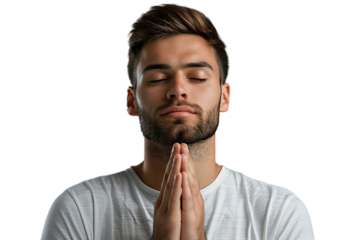 Serious man with closed eyes showing praying gesture on isolated transparent background