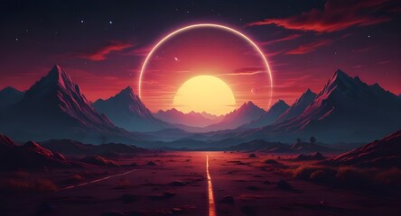 Retro background landscape : sun, space, mountains