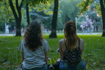 Two beautiful women sitting in a local park watching