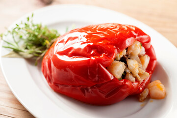 red pepper stuffed with seafood and vegetables