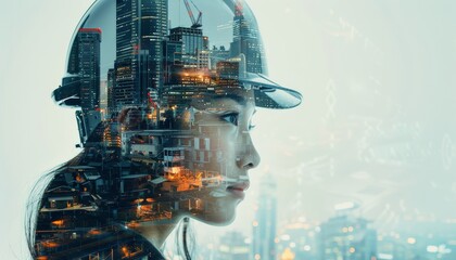 A woman wearing a hard hat is looking out over a city by AI generated image