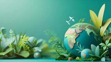 Ecology concept with green tree and earth on green background