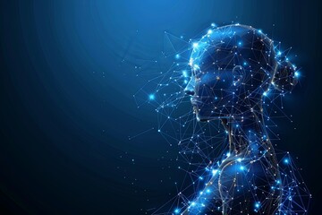 Wireframe connection depicted by techno robot in silent communication.