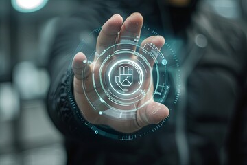 Demonstration of safety system by security guard with icons, hand gesture, key, hologram on white background.