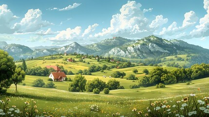 pastoral scenes with this vintage-inspired landscape illustration, showcasing idyllic countryside vistas