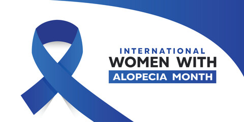 International Women With Alopecia Month. Blue ribbon. Great for cards, banners, posters, social media and more.  White and blue background.