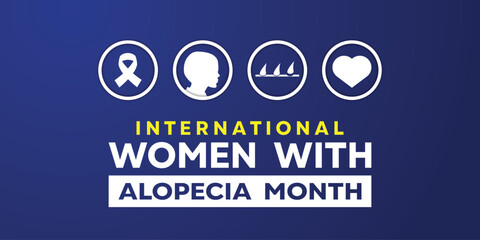 International Women With Alopecia Month. Ribbon, women, hair and heart. Great for cards, banners, posters, social media and more.  blue background.