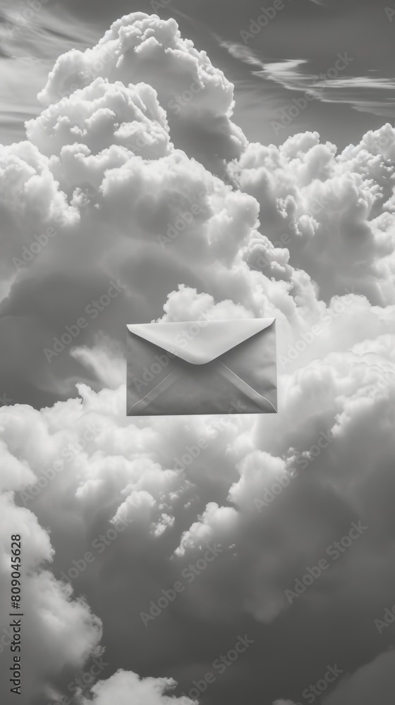 Aufkleber envelope floating among fluffy clouds in a dramatic sky