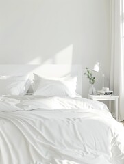 White neat duvet cover mockup style and pillows in a bright bedroom
