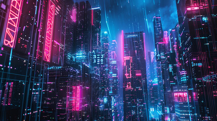 Fototapeta premium Futuristic cityscape at night with neon lights, depicting a large, mysterious curtain being pulled back to reveal hidden advanced AI technology and data streams. 