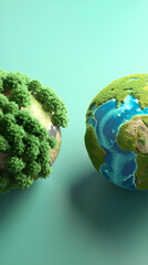 Ecology concept with green tree and earth on green background