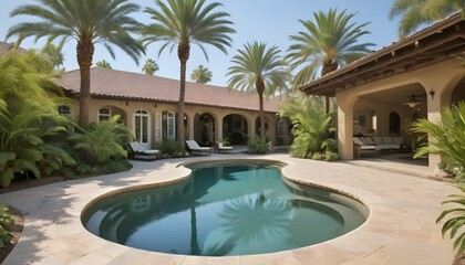 A tranquil oasis with palm trees and a shimmering