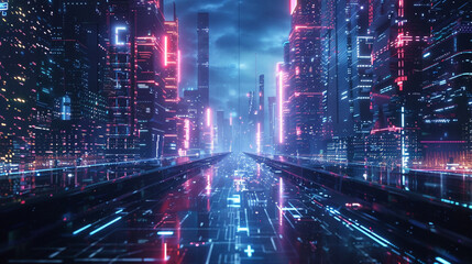Fototapeta premium Futuristic cityscape at night with neon lights, depicting a large, mysterious curtain being pulled back to reveal hidden advanced AI technology and data streams. 