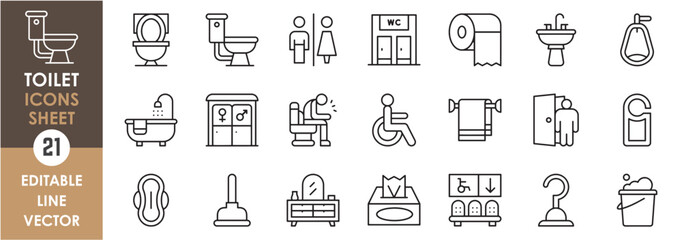 A set of linear icons related to toilet and washroom. Bathroom outline icons set.