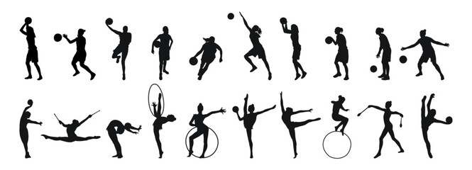 Set single silhouettes of womens sports. Basketball, calisthenics, gymnastics. Isolated vector