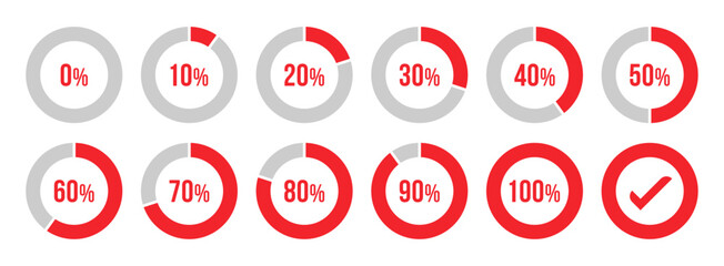 Circle loading or circle progress with percentage collection in red color. Set of circle percentage diagrams for infographics 0 10 20 30 40 50 60 70 80 90 100 percent. Vector infographic set. 