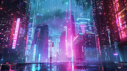 Fototapeta premium Futuristic cityscape at night with neon lights, depicting a large, mysterious curtain being pulled back to reveal hidden advanced AI technology and data streams. 
